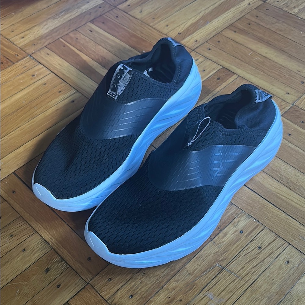 Hoka Black and White Slip-On Sneakers with Cushioned Sole